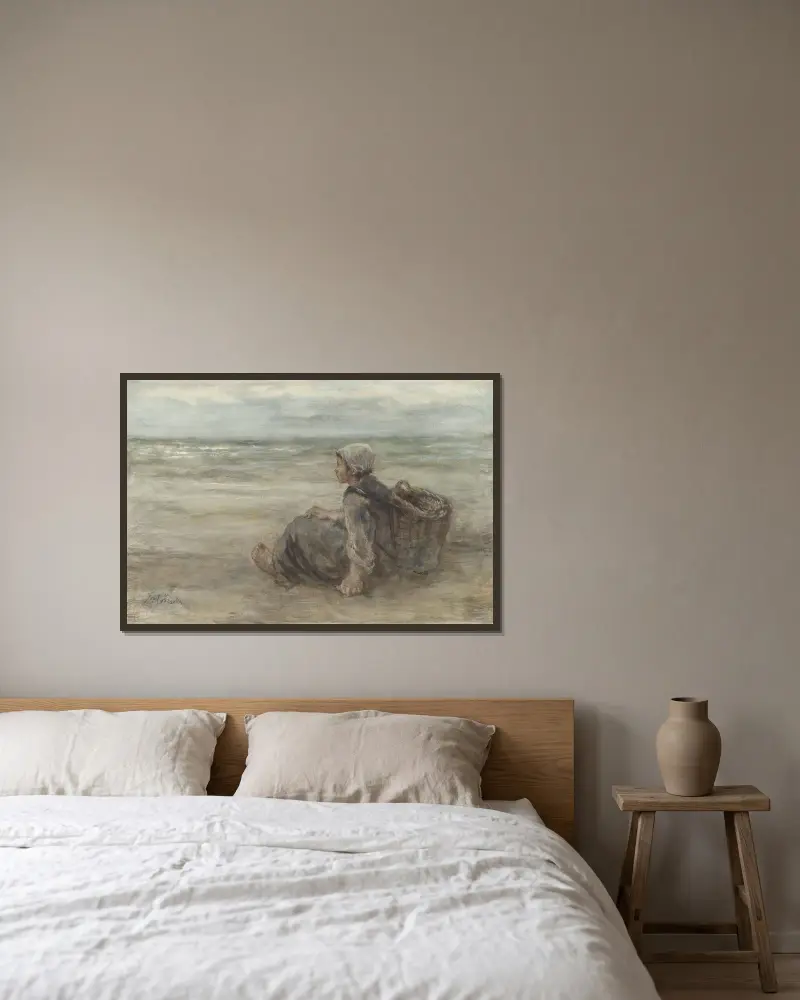 Vissersmeisje op het strand av Jozef Israëls inramad på en vägg