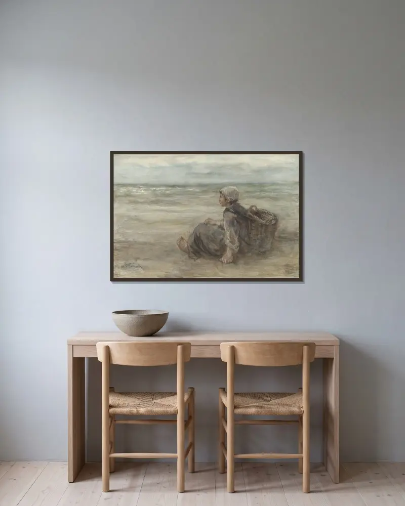 Vissersmeisje op het strand av Jozef Israëls inramad på en vägg