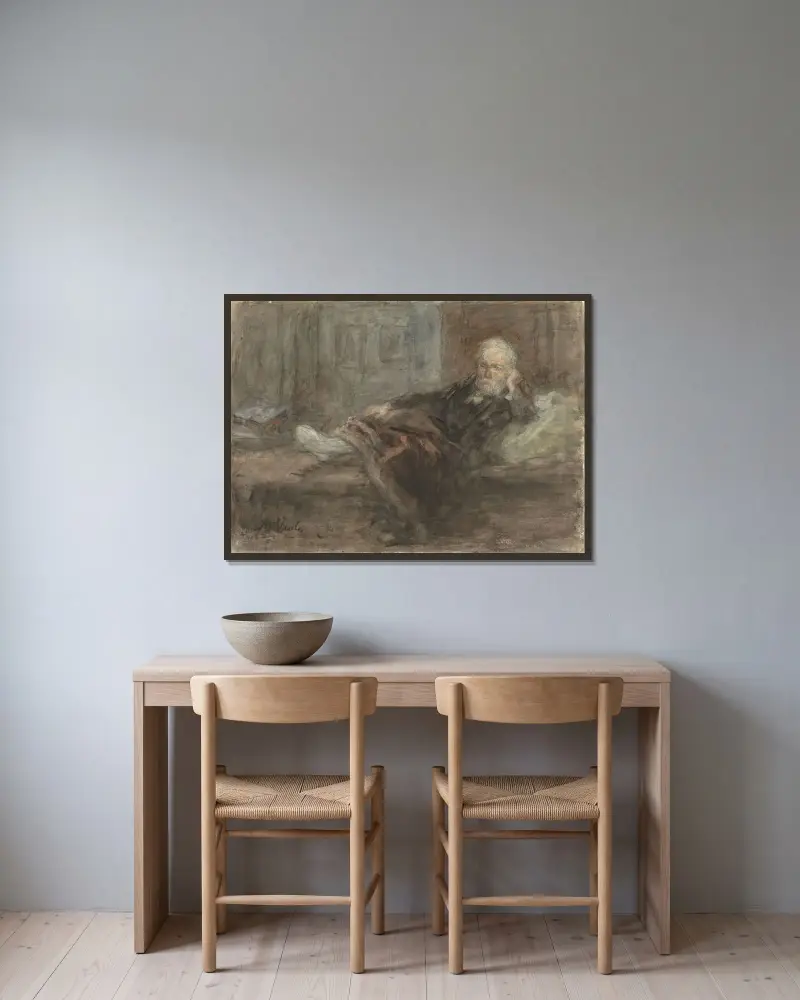 Självporträtt med sjuk fot av Jozef Israëls inramad på en vägg