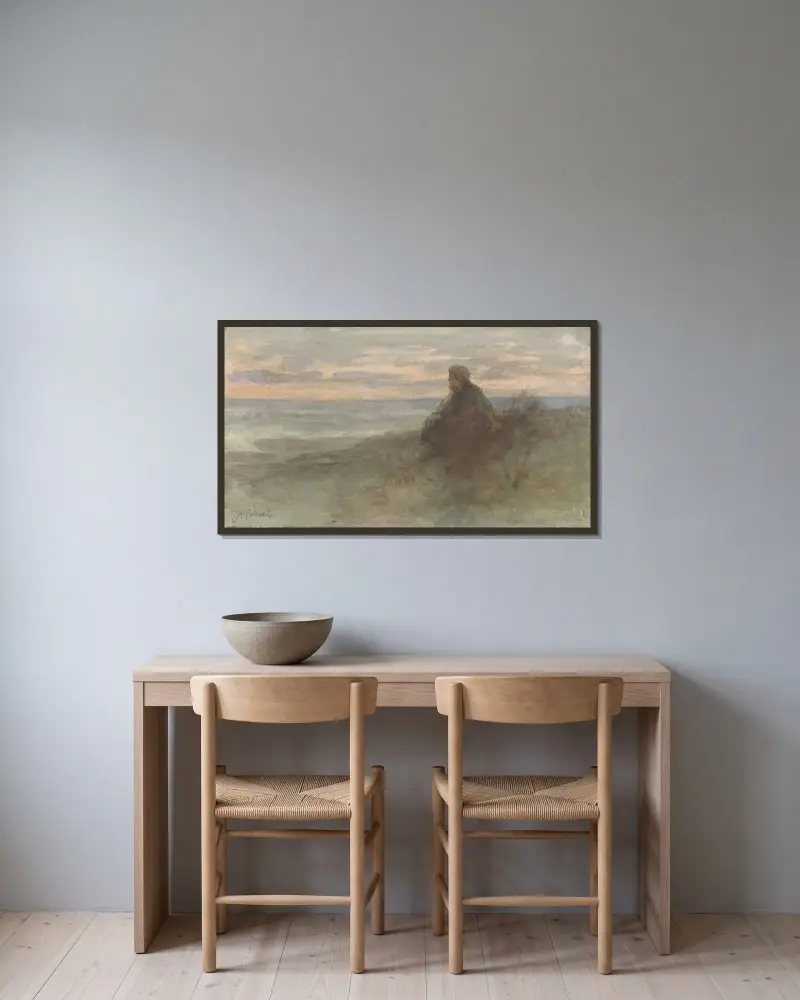 Sittande kvinna på en dyn vid havet av Jozef Israëls inramad på en vägg