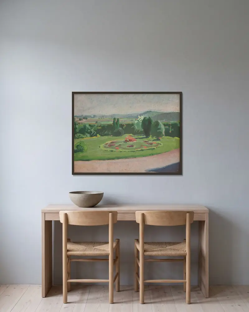 Blomsterrabatt framför herrgården av Józef Mehoffer inramad på en vägg