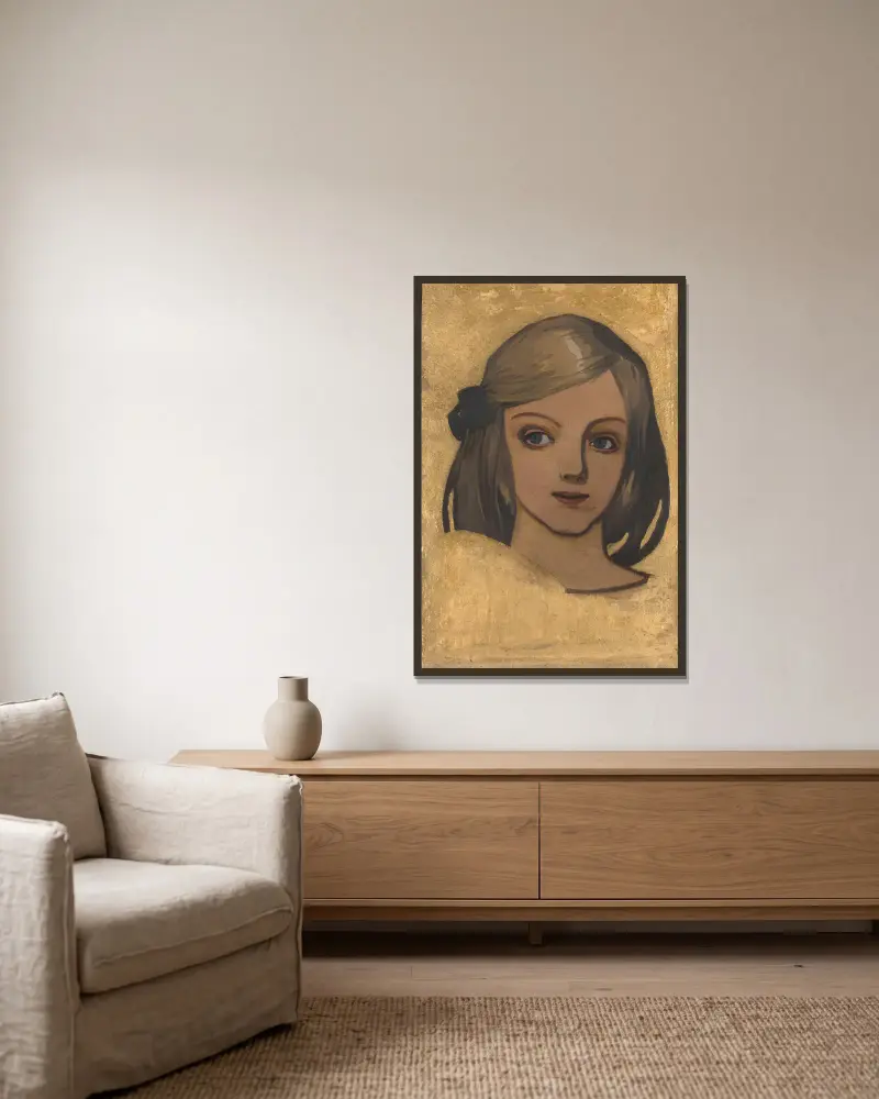 Head of a girl against gold background av Józef Mehoffer inramad på en vägg