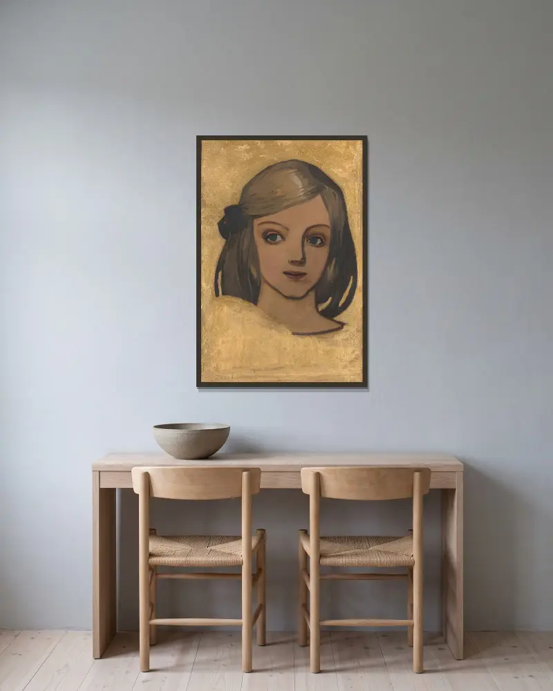 Head of a girl against gold background av Józef Mehoffer inramad på en vägg