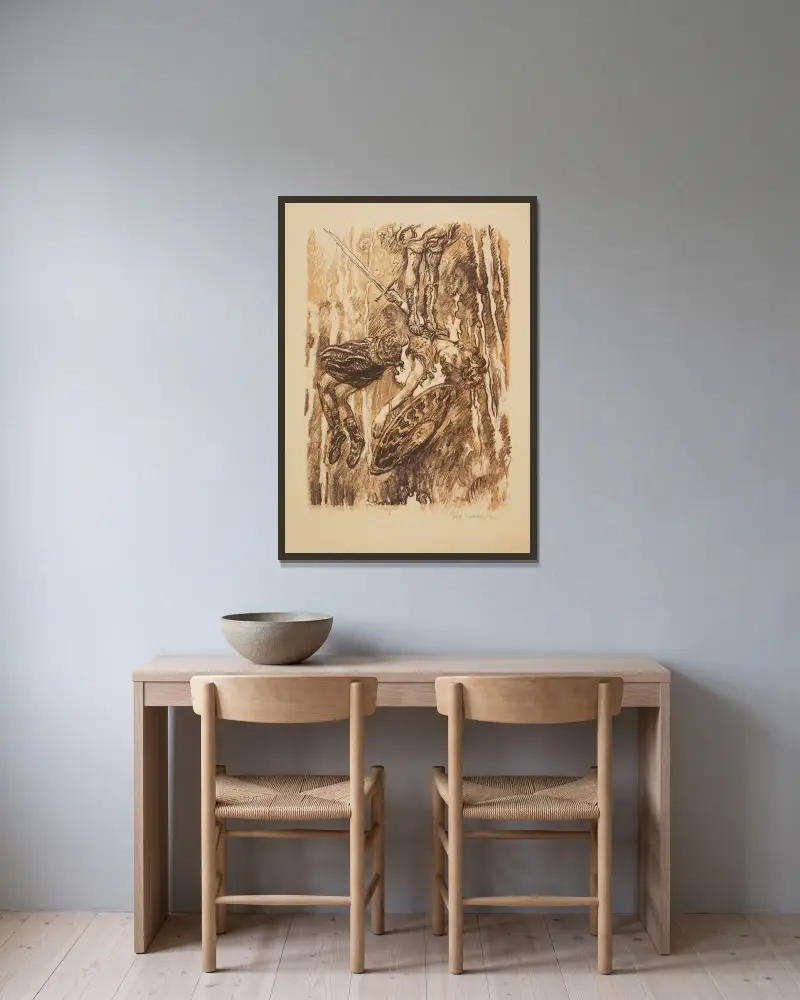 Kompozycja alegoryczna av Józef Mehoffer inramad på en vägg
