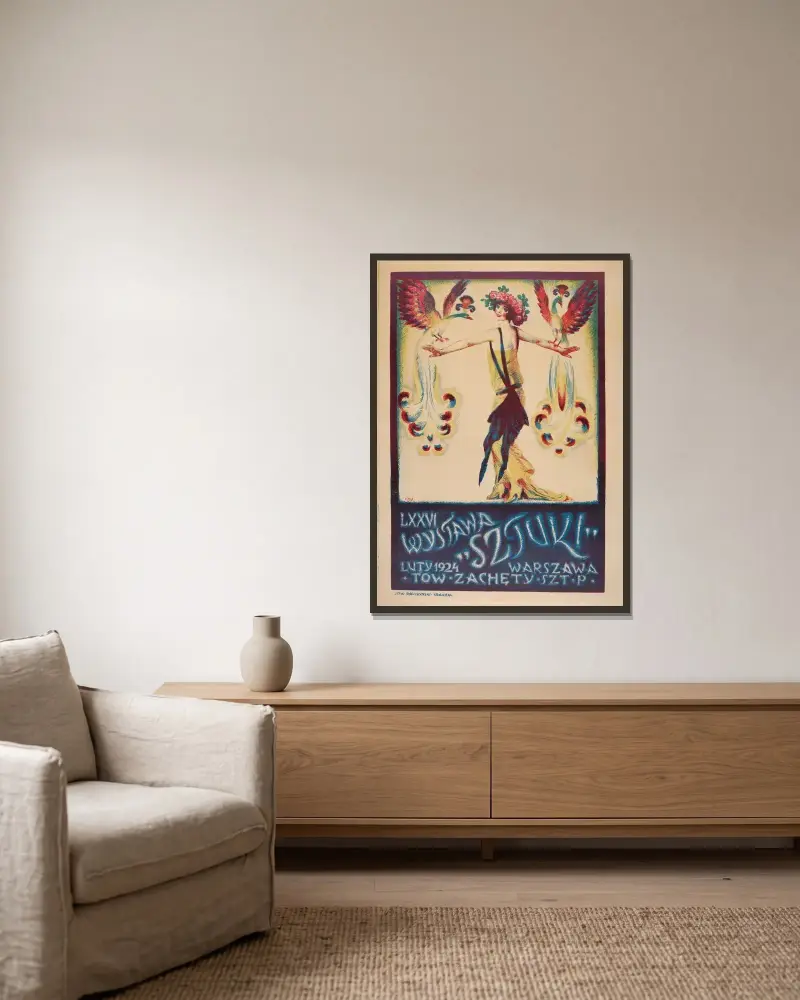 LXXVI 'Sztuki'-utställningen av Józef Mehoffer inramad på en vägg