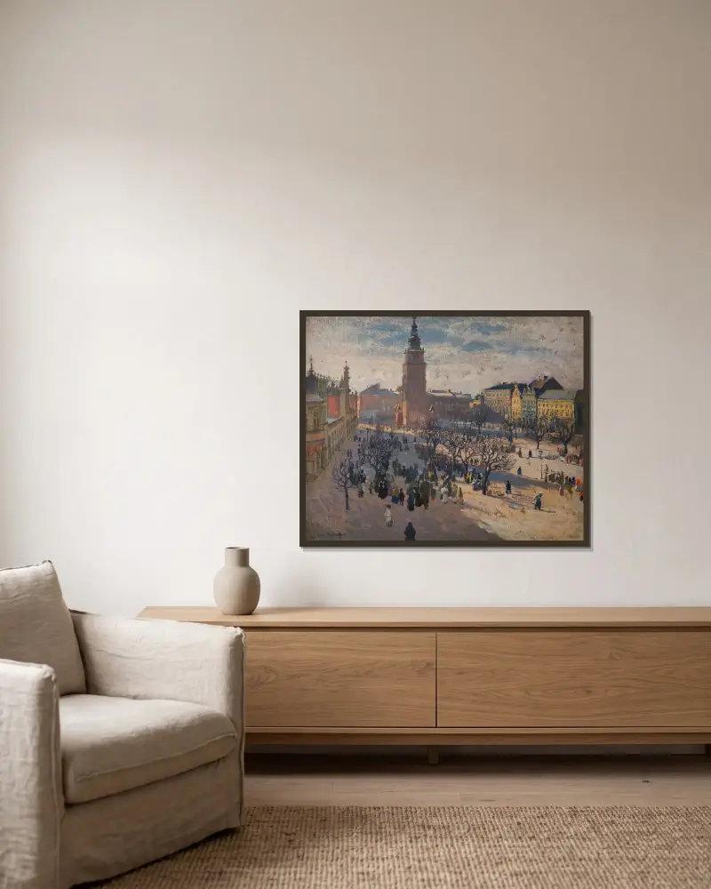 Stortorget i Kraków av Józef Mehoffer inramad på en vägg