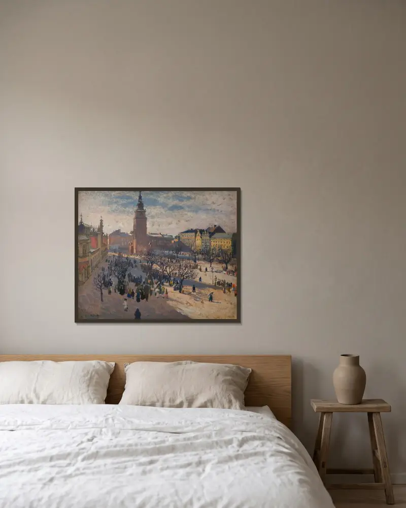 Stortorget i Kraków av Józef Mehoffer inramad på en vägg