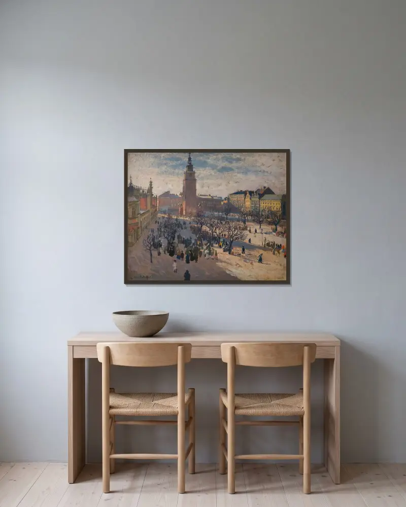 Stortorget i Kraków av Józef Mehoffer inramad på en vägg