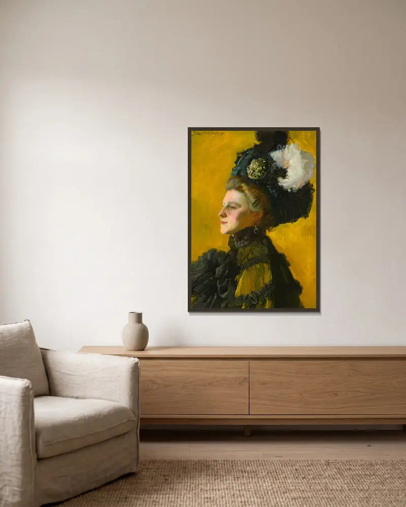 Portrait of artist’s wife, Jadwiga née Janakowska av Józef Mehoffer inramad på en vägg