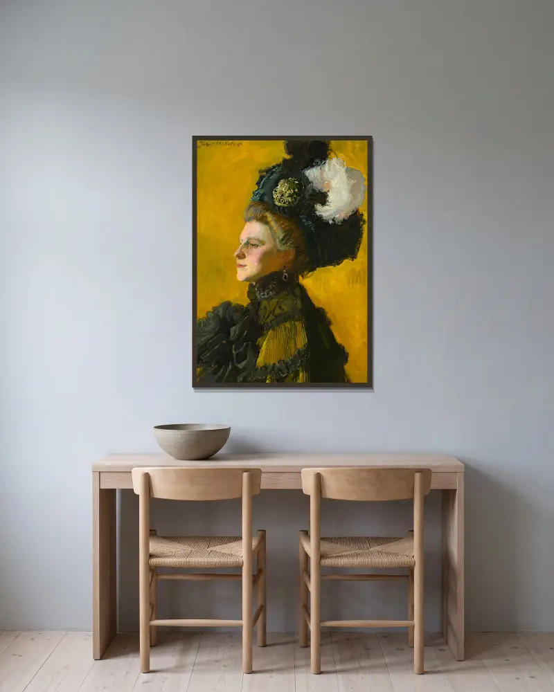 Portrait of artist’s wife, Jadwiga née Janakowska av Józef Mehoffer inramad på en vägg