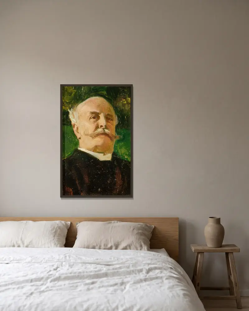 Portrait of Juliusz Kossak av Józef Mehoffer inramad på en vägg