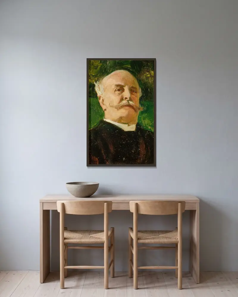 Portrait of Juliusz Kossak av Józef Mehoffer inramad på en vägg