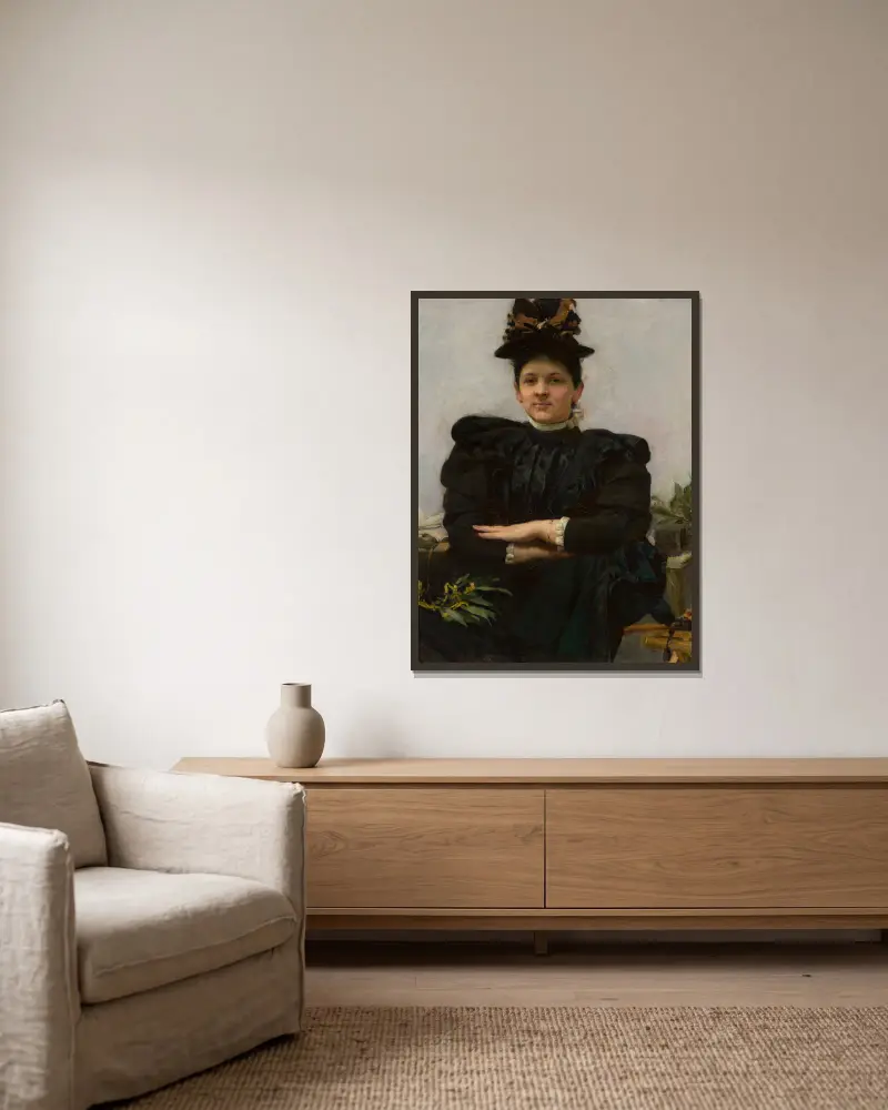Portrait of Wanda Strażyńska av Józef Mehoffer inramad på en vägg