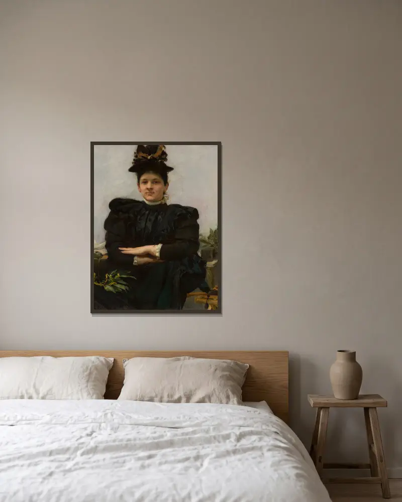 Portrait of Wanda Strażyńska av Józef Mehoffer inramad på en vägg