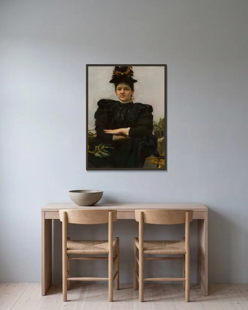 Portrait of Wanda Strażyńska av Józef Mehoffer inramad på en vägg