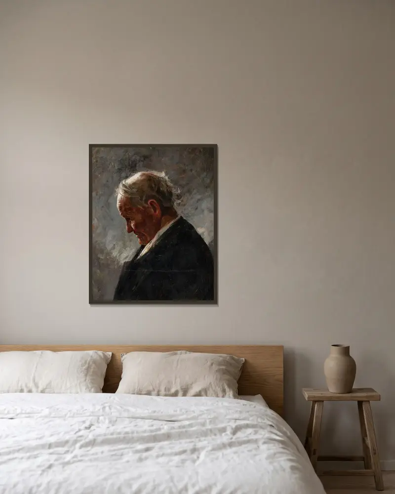 Profil av en gråhårig gammal man av Józef Mehoffer inramad på en vägg