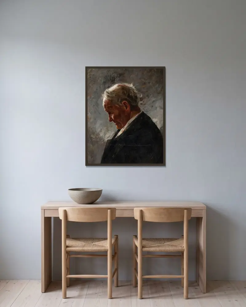 Profil av en gråhårig gammal man av Józef Mehoffer inramad på en vägg