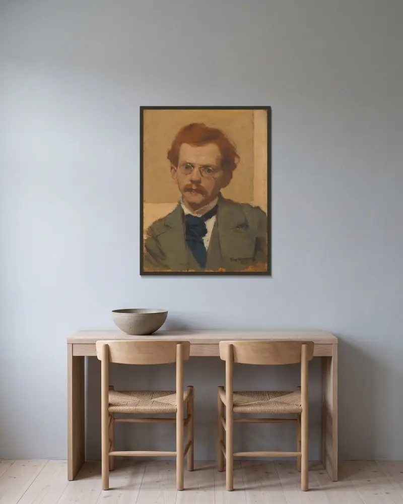 Självporträtt av Józef Mehoffer inramad på en vägg