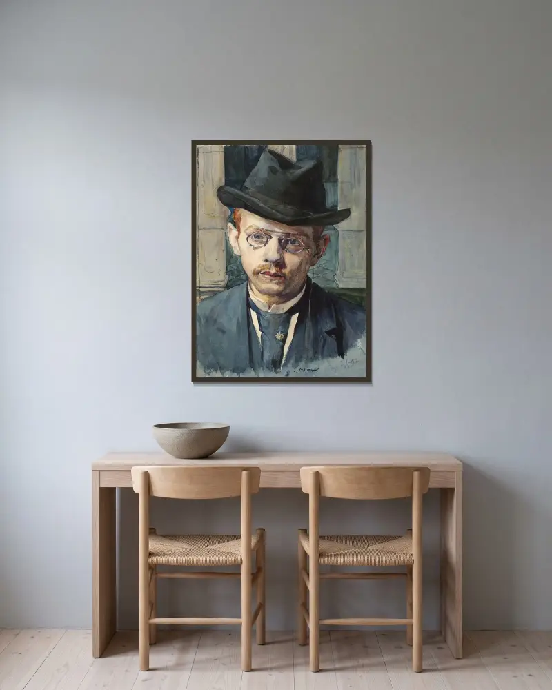 Självporträtt av Józef Mehoffer inramad på en vägg
