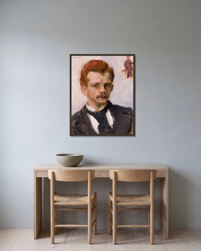 Självporträtt av Józef Mehoffer inramad på en vägg