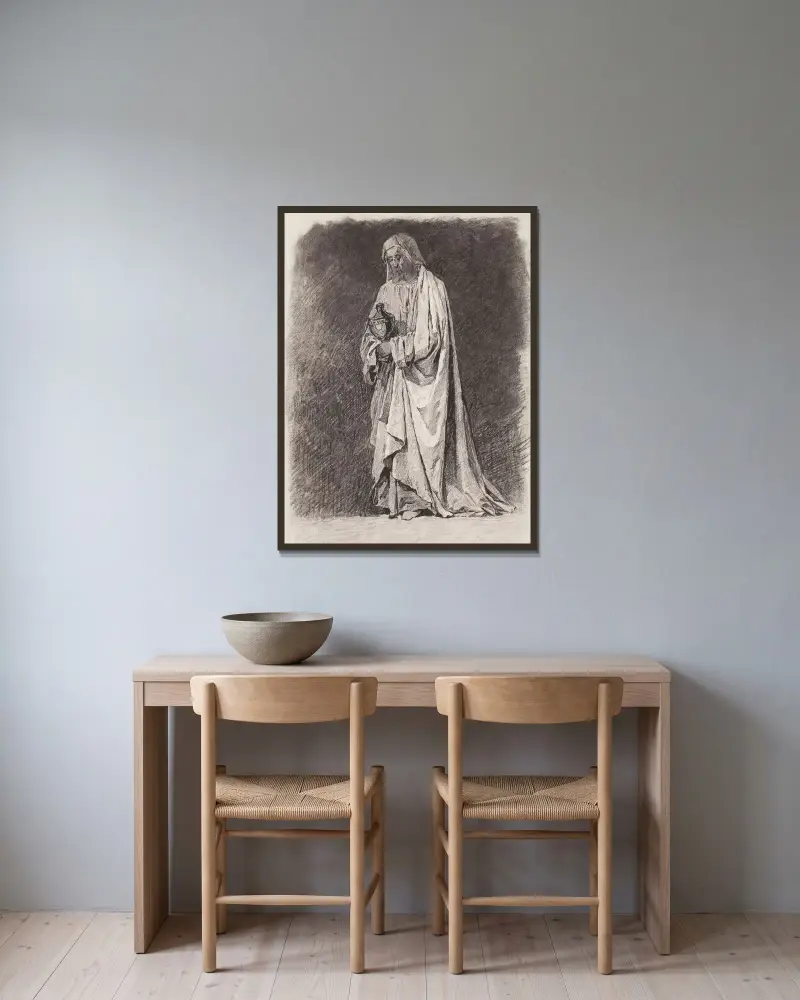 Studie av kungagestalt för glasmålningen 'Konungarnas tillbedjan' i St. Nikolaus-katedralen i Fribourg av Józef Mehoffer inramad på en vägg