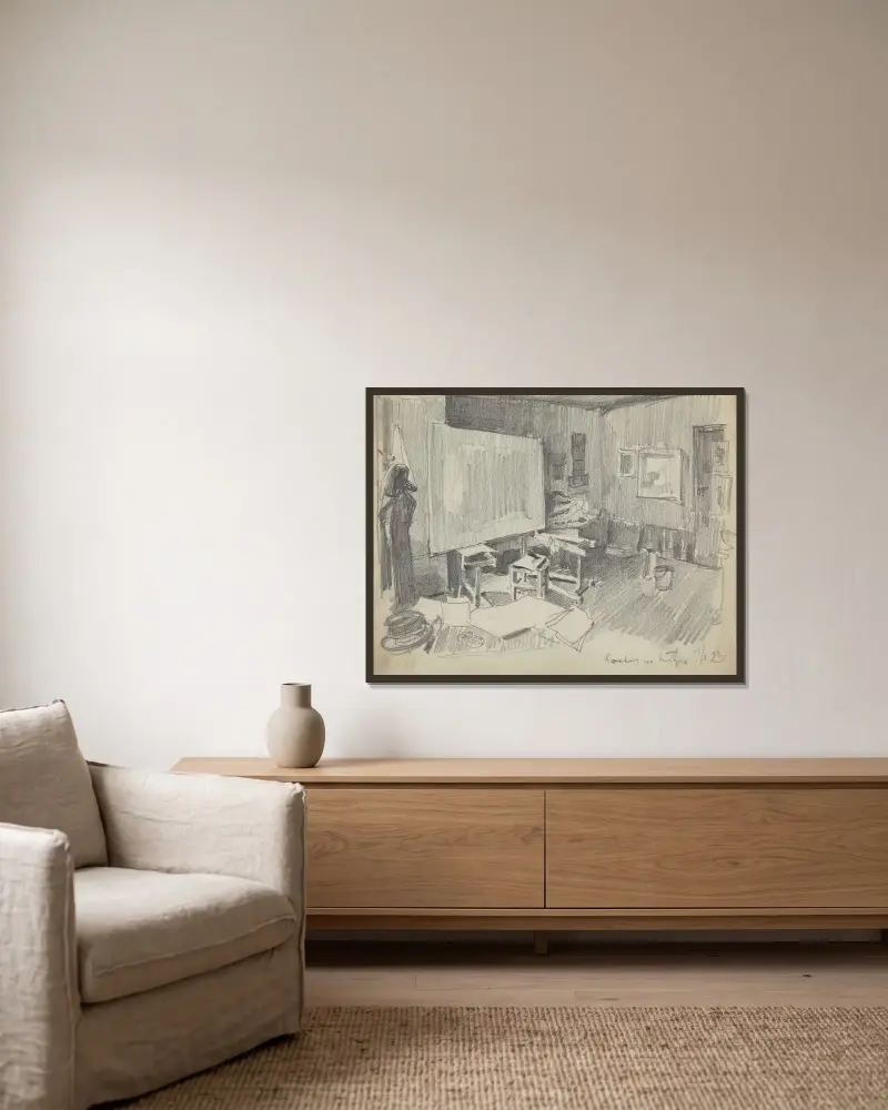Das Innere von Józef Mehoffers Atelier in Paris von Józef Mehoffer gerahmt an einer Wand