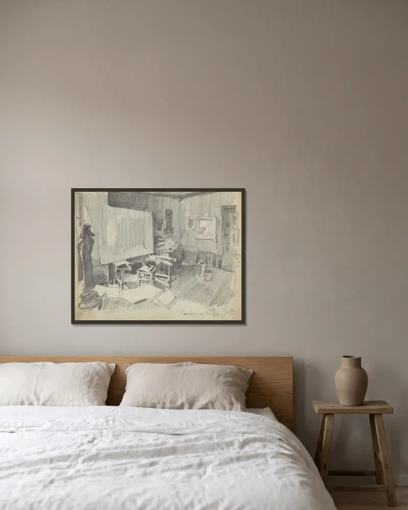 Das Innere von Józef Mehoffers Atelier in Paris von Józef Mehoffer gerahmt an einer Wand