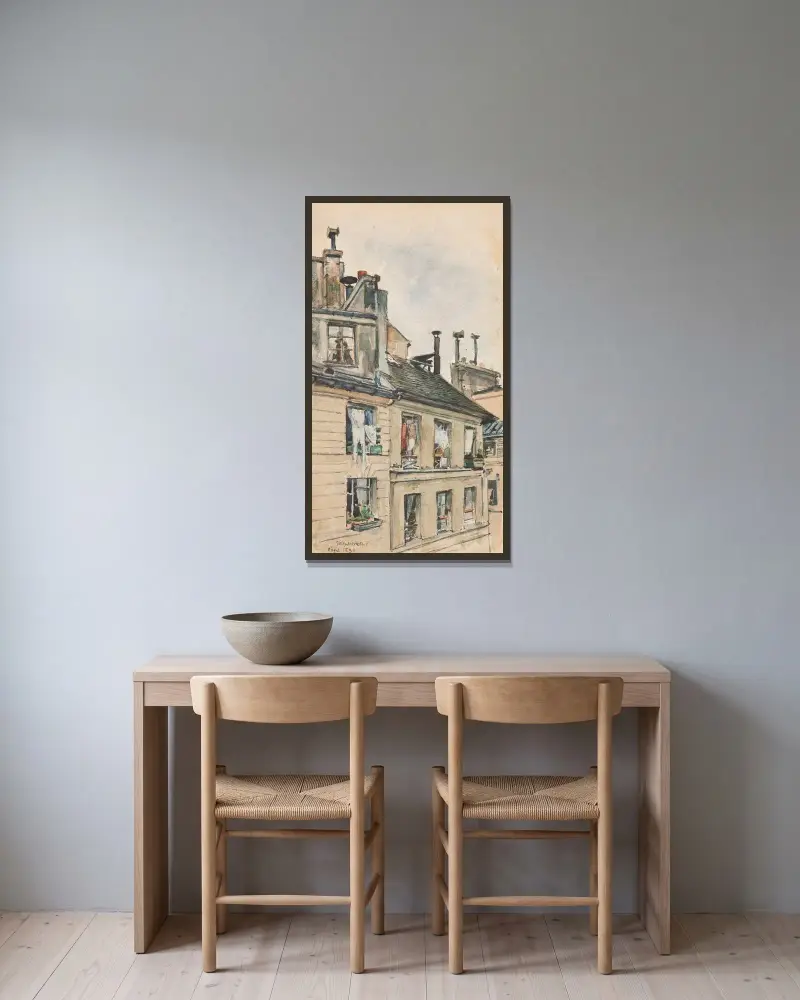 Blick aus dem Fenster des Ateliers von Józef Mehoffer und Stanisław Wyspiański in Paris von Józef Mehoffer gerahmt an einer Wand