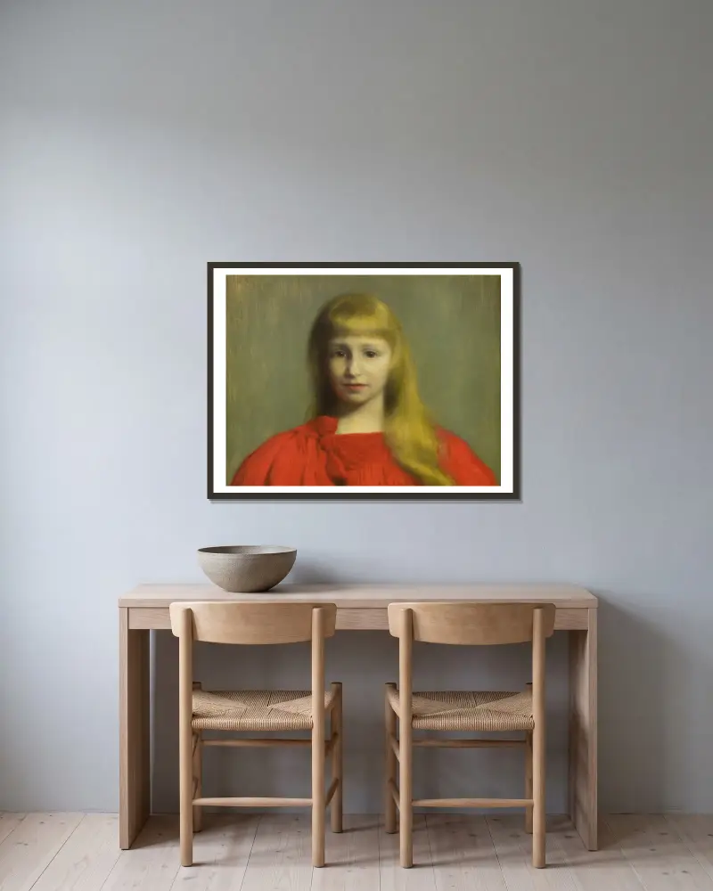 Little Girl in Red Dress av Józef Pankiewicz inramad på en vägg