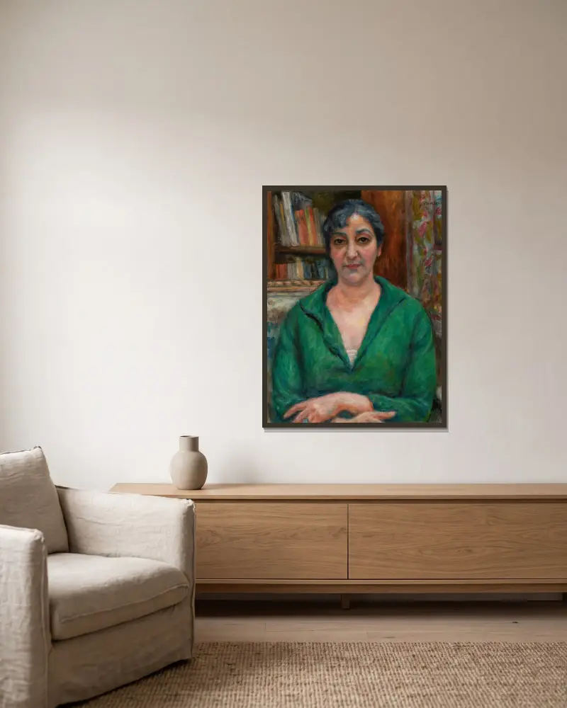 Wife’s portrait in a green sweater av Józef Pankiewicz inramad på en vägg