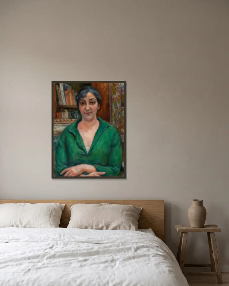 Wife’s portrait in a green sweater av Józef Pankiewicz inramad på en vägg