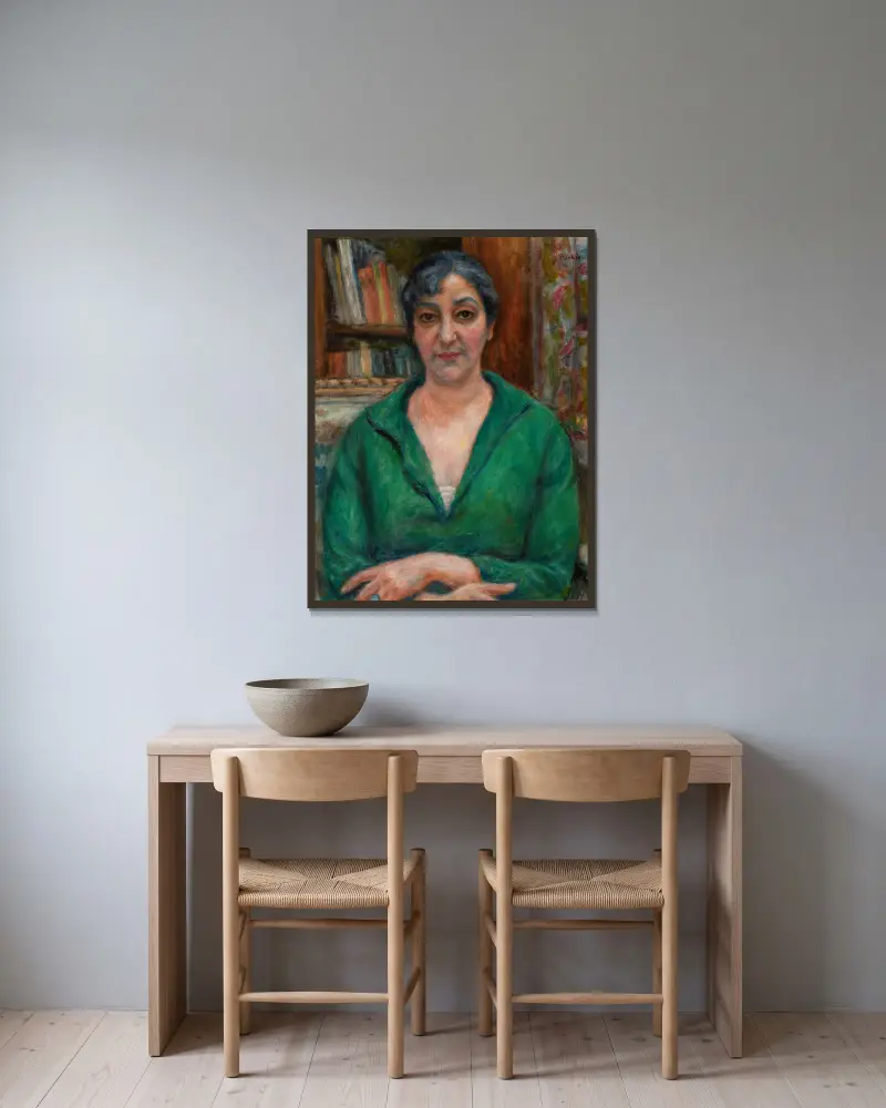 Wife’s portrait in a green sweater av Józef Pankiewicz inramad på en vägg