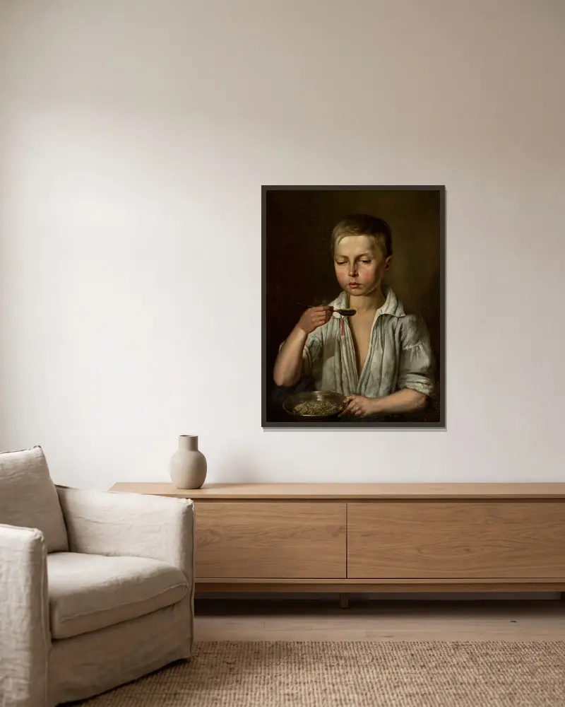 Junge beim Frühstück von Józef Simmler gerahmt an einer Wand