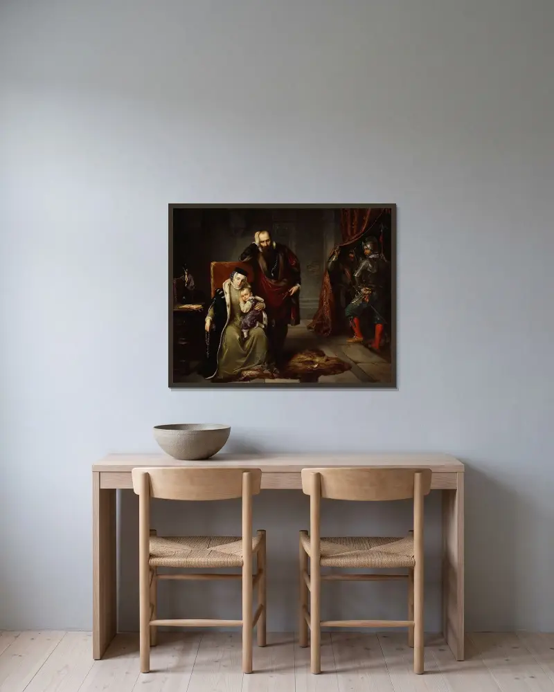 Katharina Jagiellonica mit ihrem Sohn Sigismund in Gefangenschaft von Józef Simmler gerahmt an einer Wand