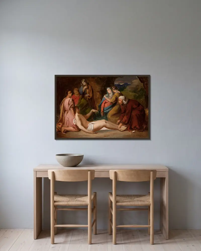 Entombment of Christ, sketch for a painting av Józef Simmler inramad på en vägg