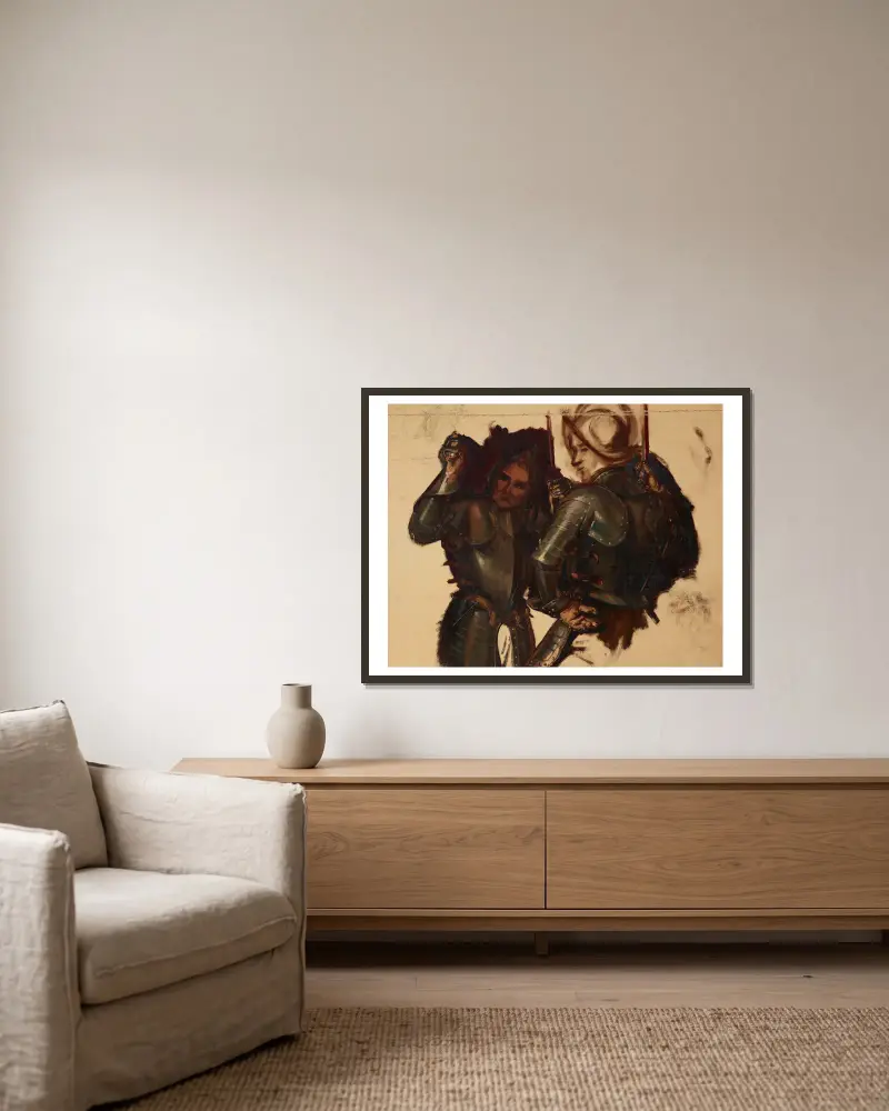 Figures of Armoured Guards. Study to the Painting ‘Catherine Jagiellon in Gripsholm Prison’ av Józef Simmler inramad på en vägg