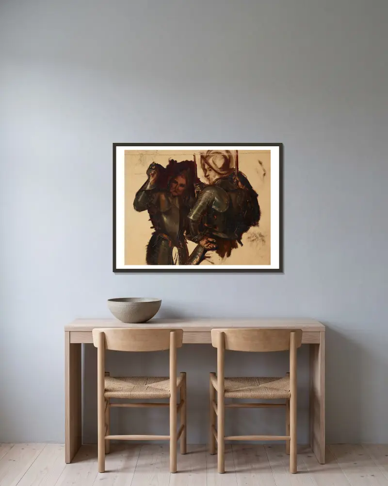 Figures of Armoured Guards. Study to the Painting ‘Catherine Jagiellon in Gripsholm Prison’ av Józef Simmler inramad på en vägg