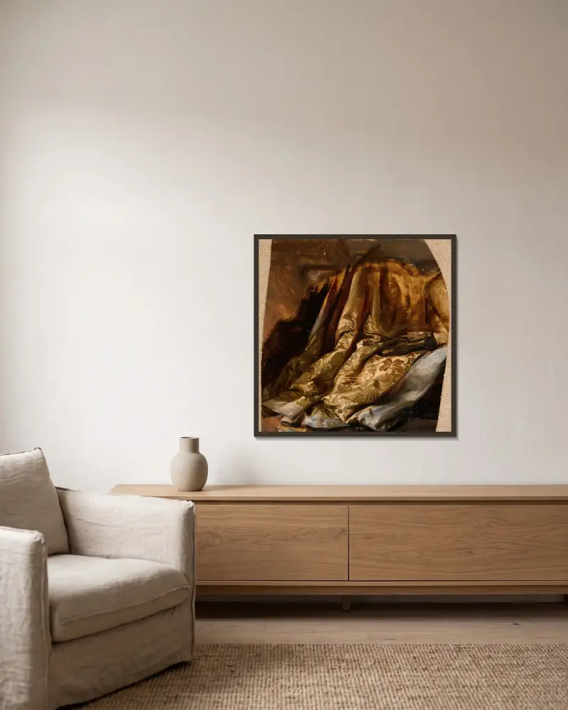Fragment of the Cover of Quinn’s Bed. Study to the Painting ‘The Death of Barbara Radziwiłł’ av Józef Simmler inramad på en vägg