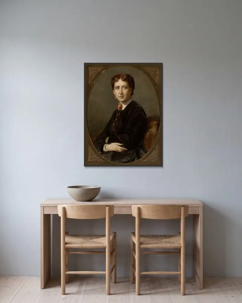 Portrait of Emilia Mielżyńska née Bnińska av Józef Simmler inramad på en vägg