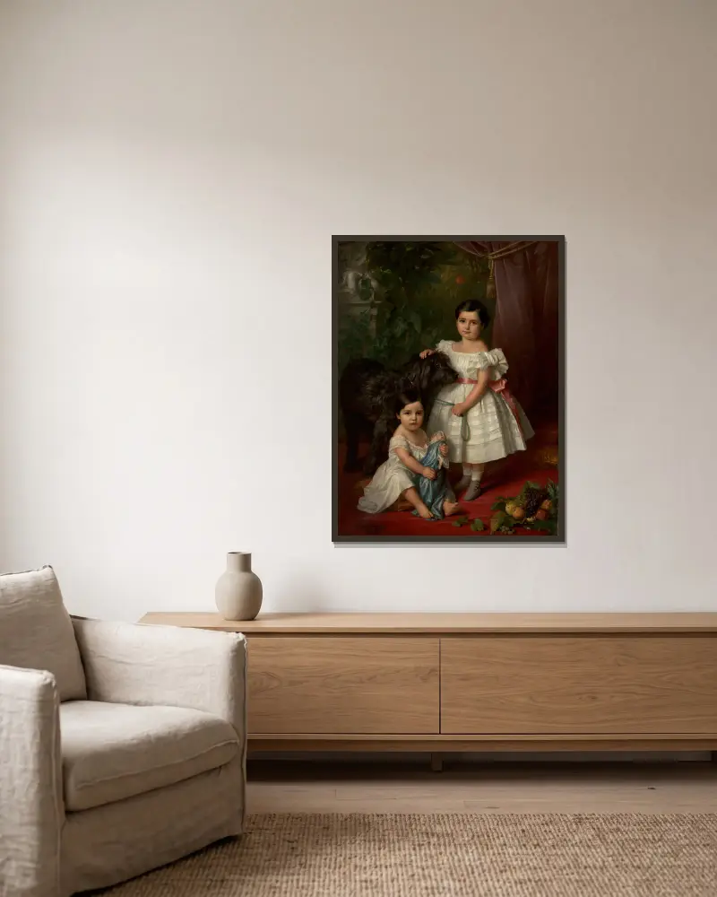 Portrait of Maria Róża Kronenberg and Róża Maria Karolina Kronenberg with a dog av Józef Simmler inramad på en vägg