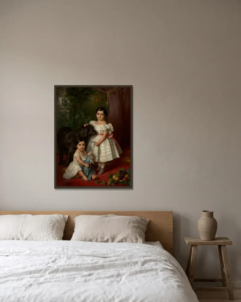 Portrait of Maria Róża Kronenberg and Róża Maria Karolina Kronenberg with a dog av Józef Simmler inramad på en vägg