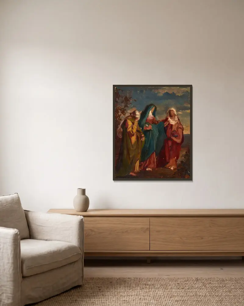 Skizze zum Gemälde „Drei Marien auf dem Weg zum Grab Christi“ von Józef Simmler gerahmt an einer Wand