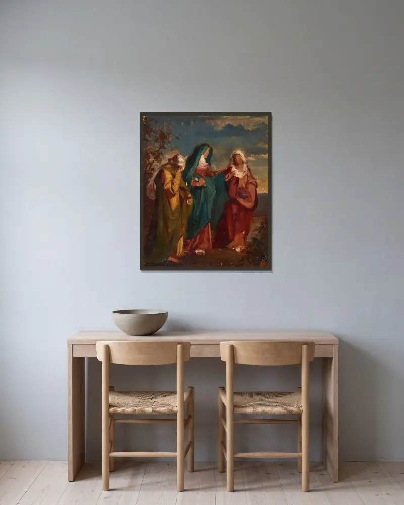 Skizze zum Gemälde „Drei Marien auf dem Weg zum Grab Christi“ von Józef Simmler gerahmt an einer Wand