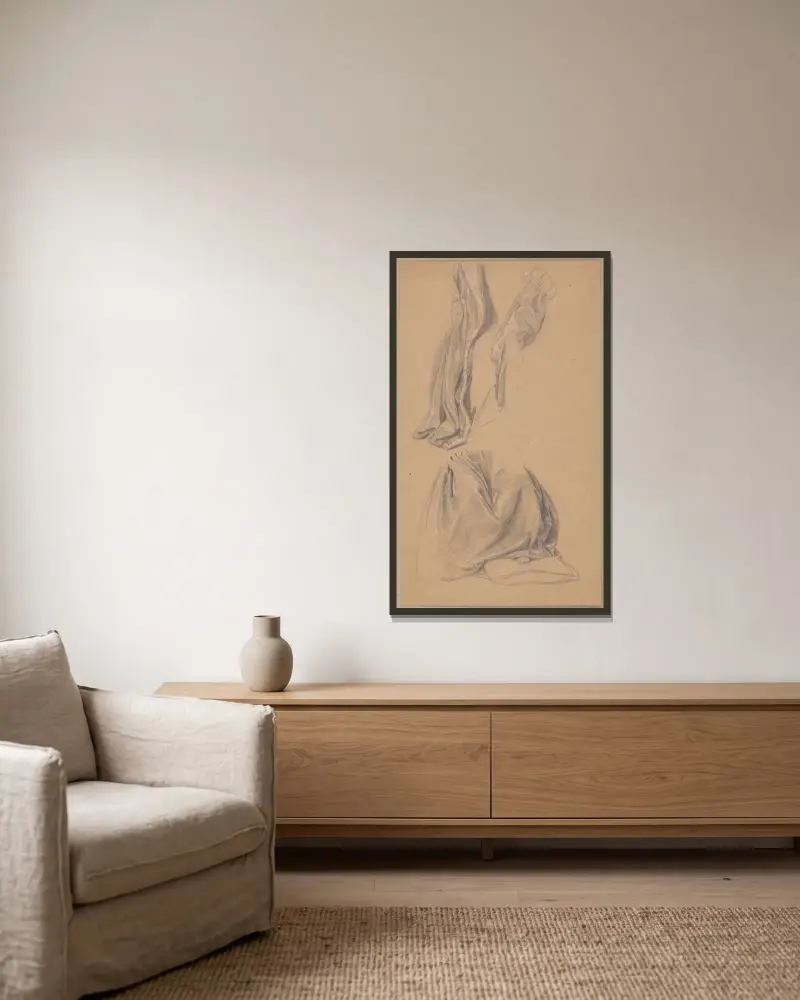 Studien zu Fragmenten von Mantel und Kleid der Katharina Jagiellonica von Józef Simmler gerahmt an einer Wand