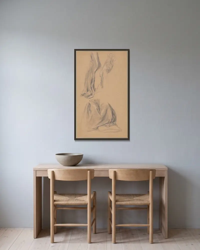 Studien zu Fragmenten von Mantel und Kleid der Katharina Jagiellonica von Józef Simmler gerahmt an einer Wand