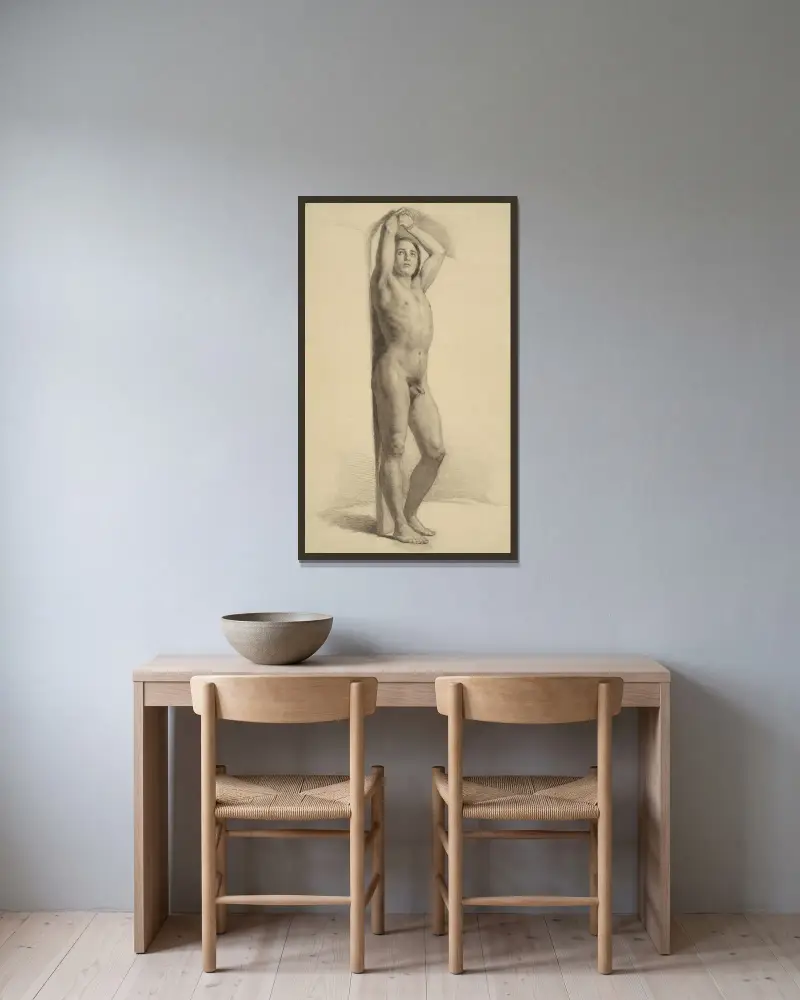 Studie av naken man för figuren St. Sebastian av Józef Simmler inramad på en vägg