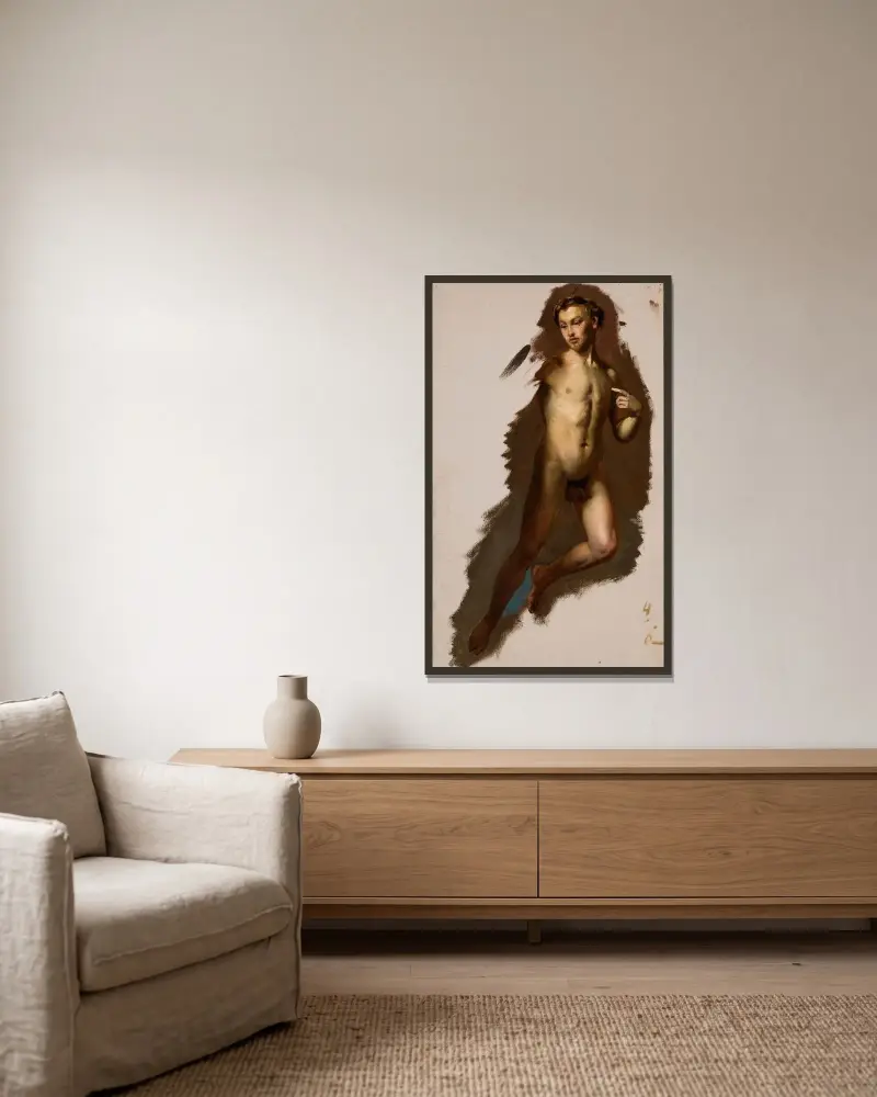 Studie der Amor-Figur zum Gemälde ‚Hochzeitszug von Amor und Psyche‘ von Józef Simmler gerahmt an einer Wand