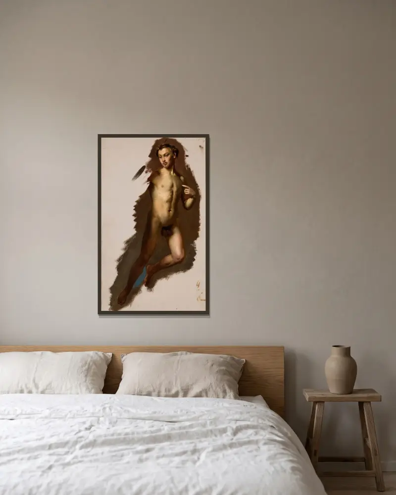Studie der Amor-Figur zum Gemälde ‚Hochzeitszug von Amor und Psyche‘ von Józef Simmler gerahmt an einer Wand