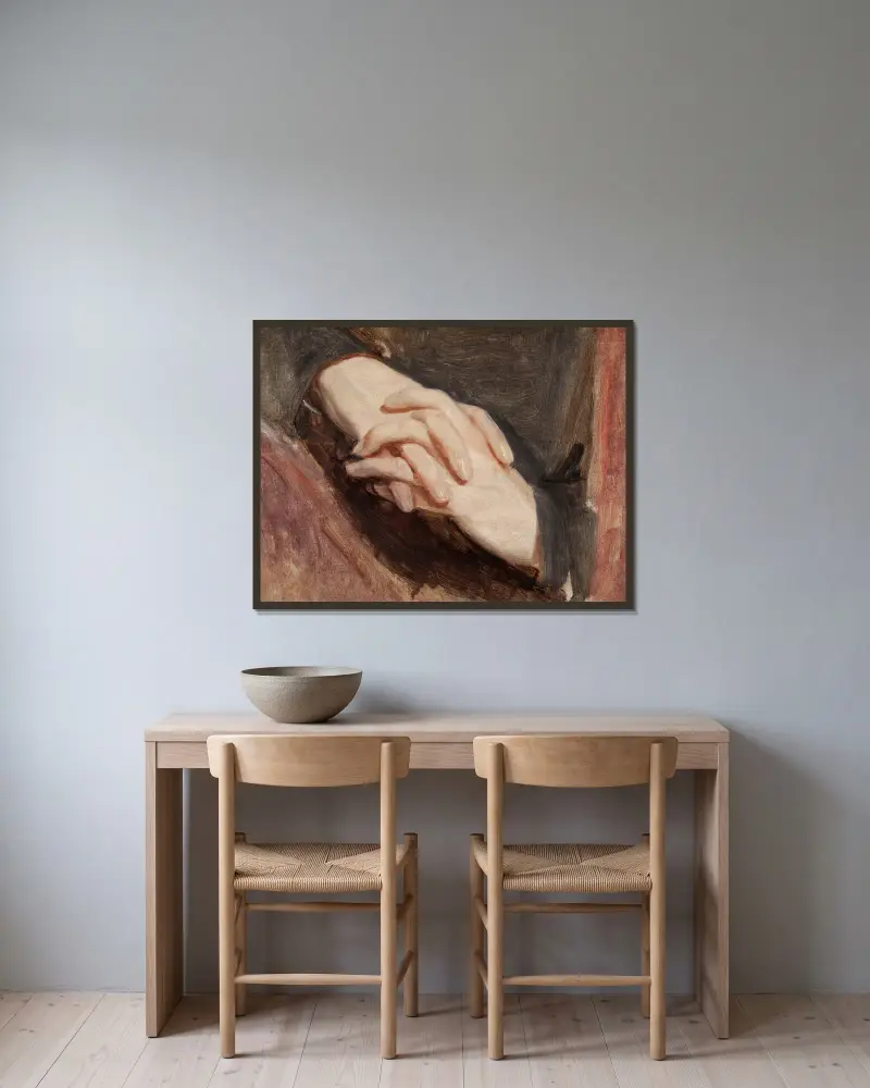 Study of the hands of Sigismund Augustus for the painting “Death of Barbara Radziwiłł” av Józef Simmler inramad på en vägg