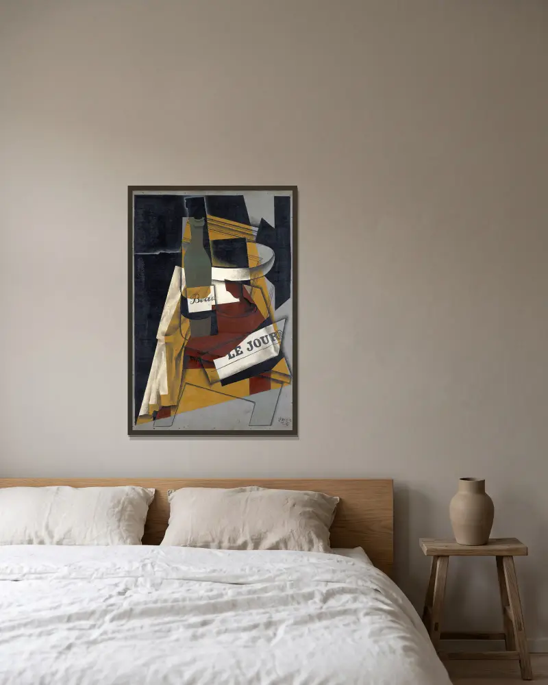 Láhev a ovocná mísa, Juan Gris v rámu na stěně